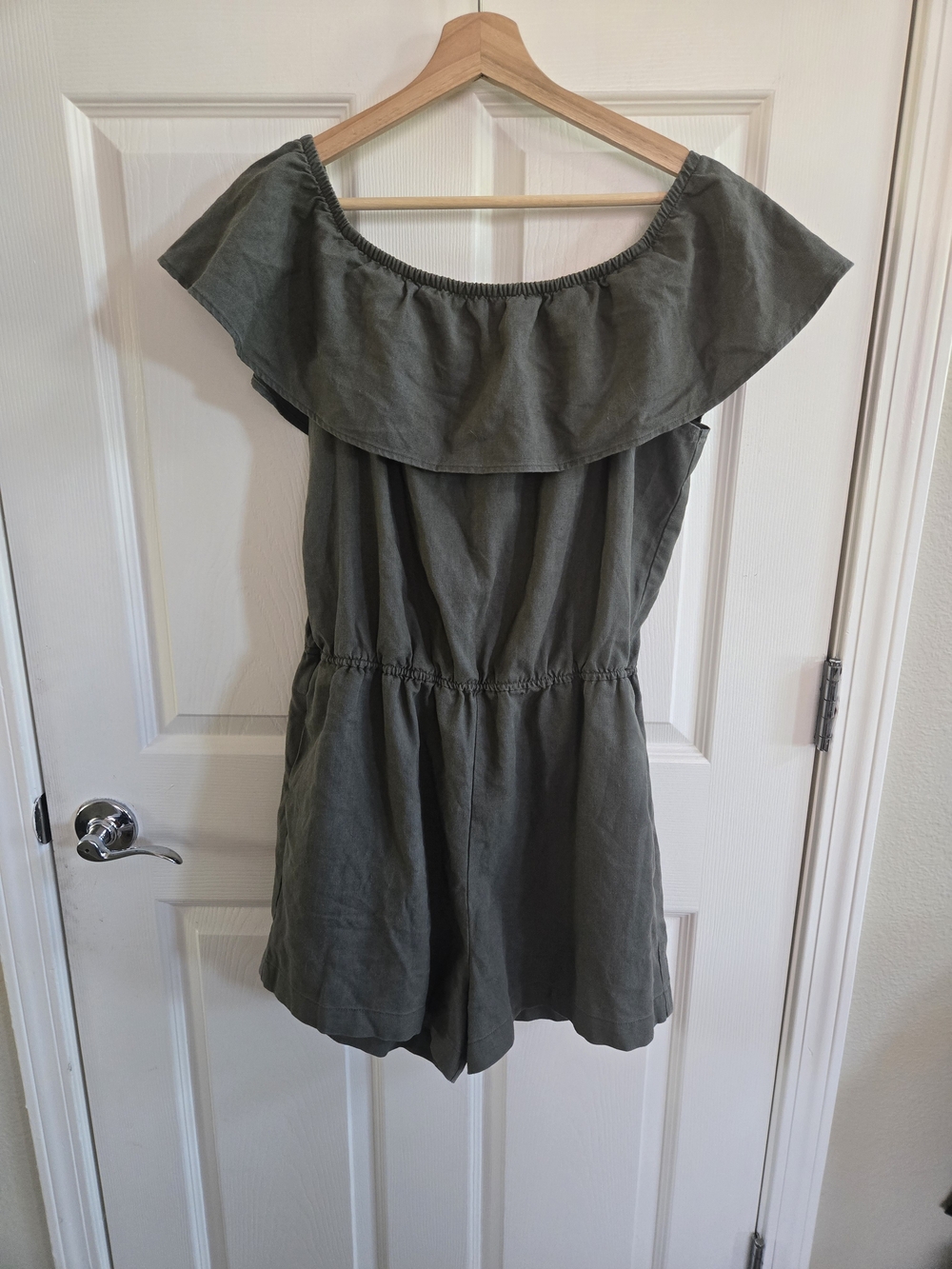 Off The Shoulder Ruffled Linen Blend Romper in Olive Green- L